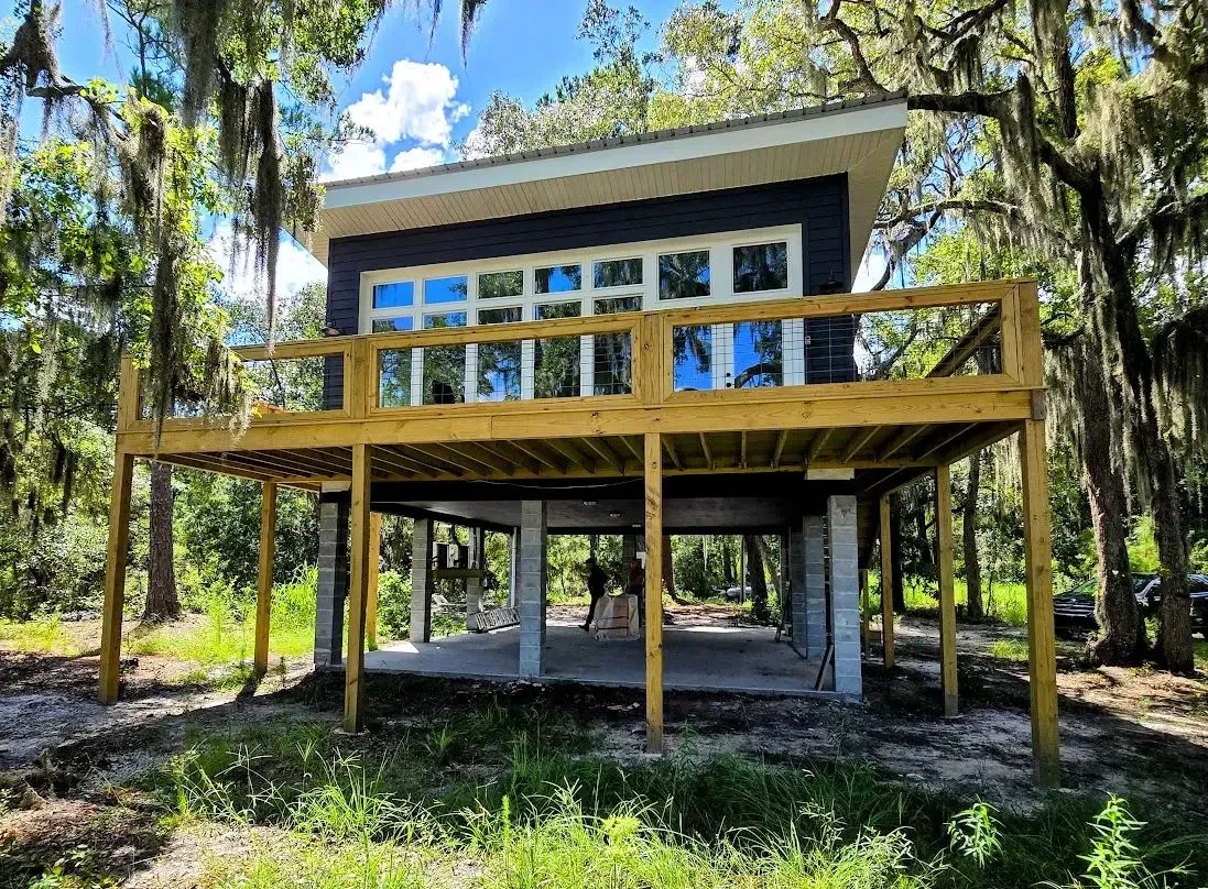 Elevated coastal cabin exterior